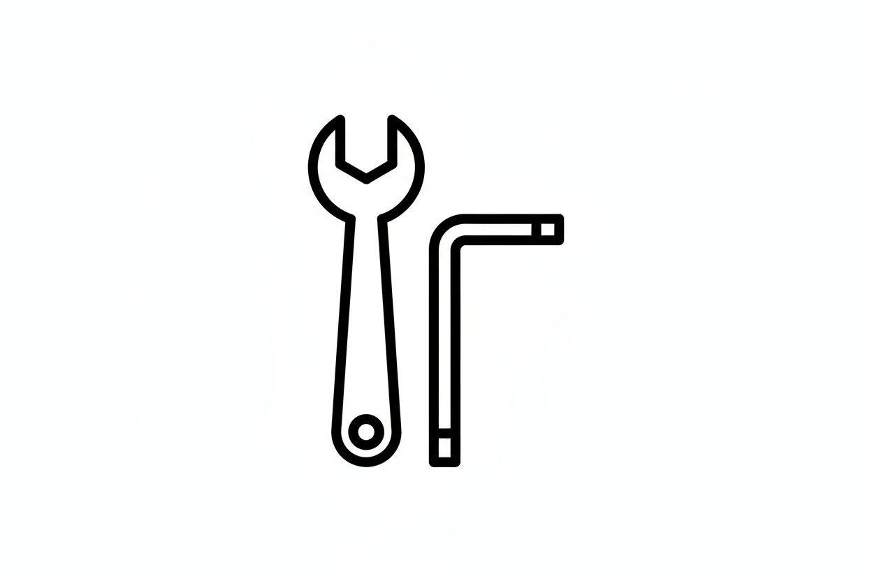 Black line drawing of a wrench and hex key on a white background