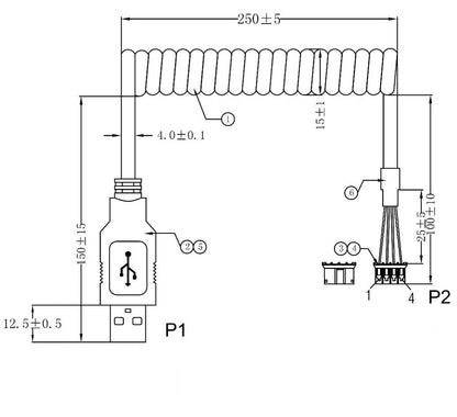 Technical drawing of the coiled USB cable with dimensions labeled.