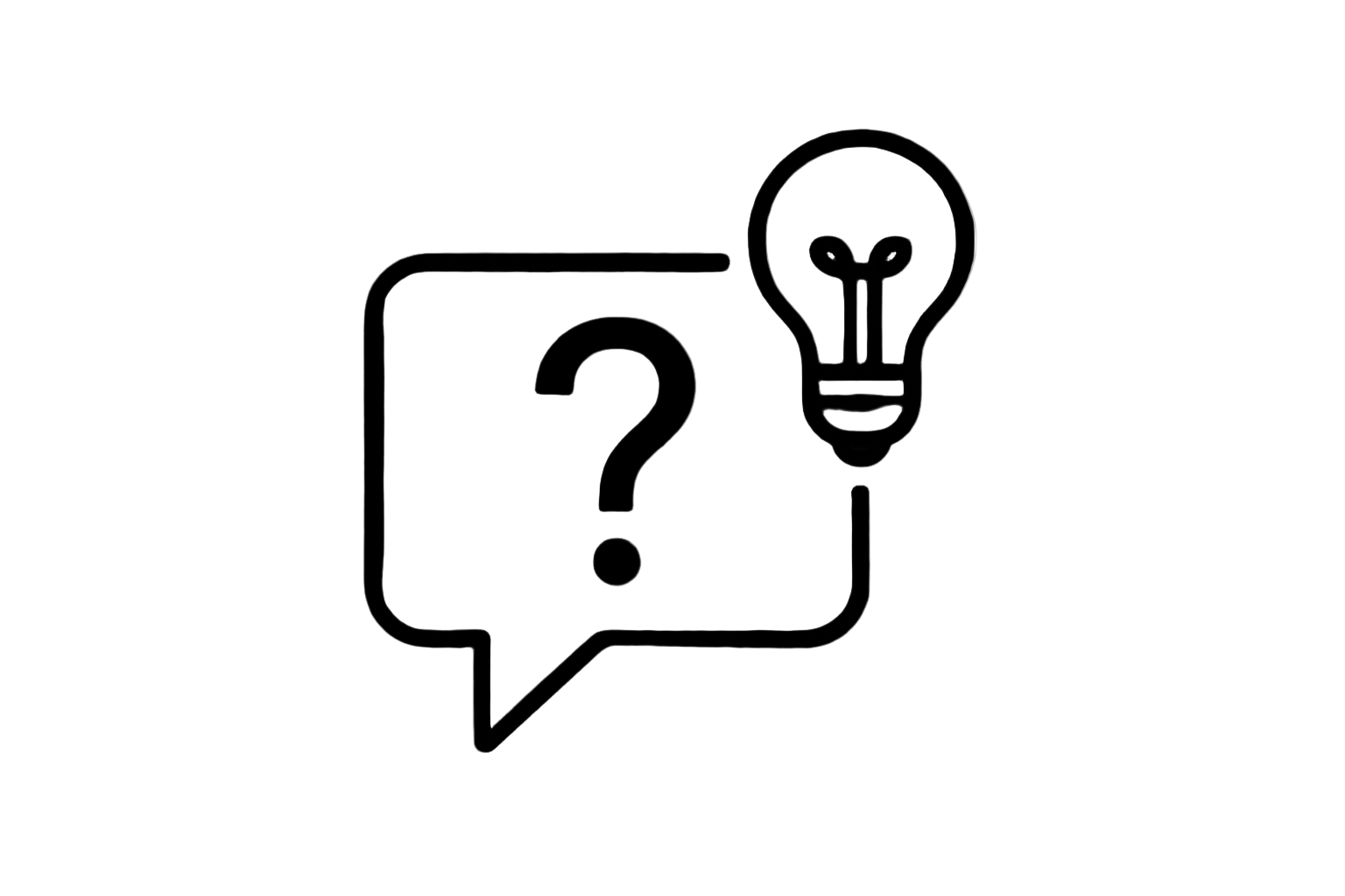 Icon of a speech bubble with a question mark and a light bulb on a white background