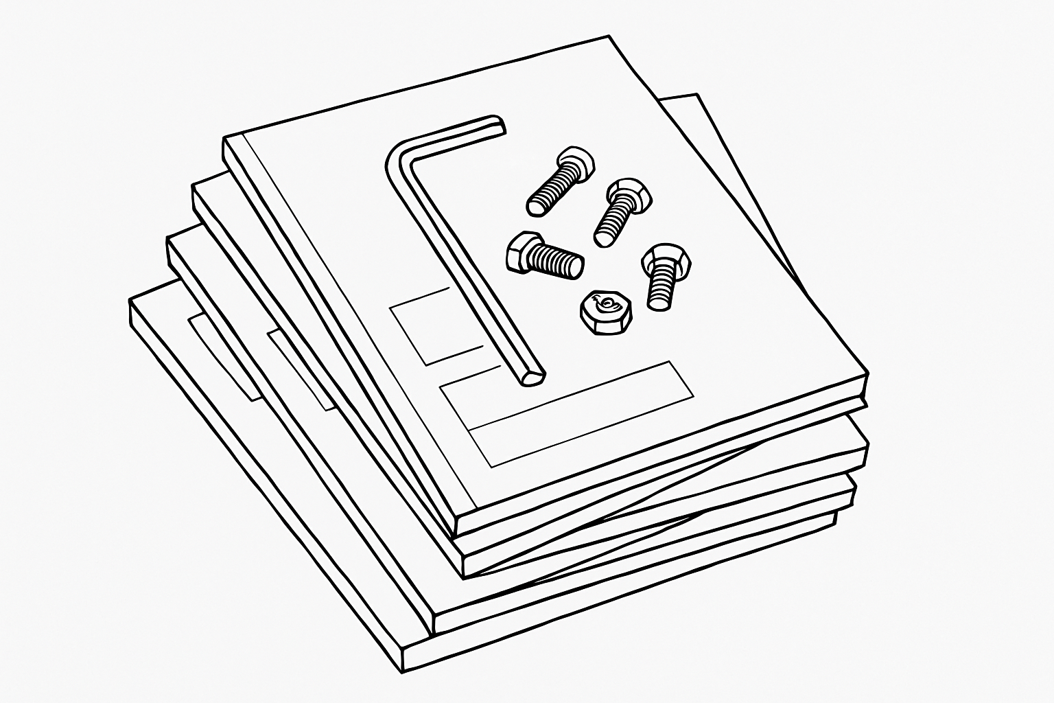 A stack of technical and instructional manuals with a hex key, four bolts and a nut.  Image is on a white background