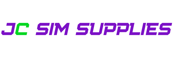 Logo of JC Sim Supplies on a transparent backgound.  This is the text "JC Sim Supplies", the letters are outlined in white and all filled with purple except the 'C' in 'JC' which is green.